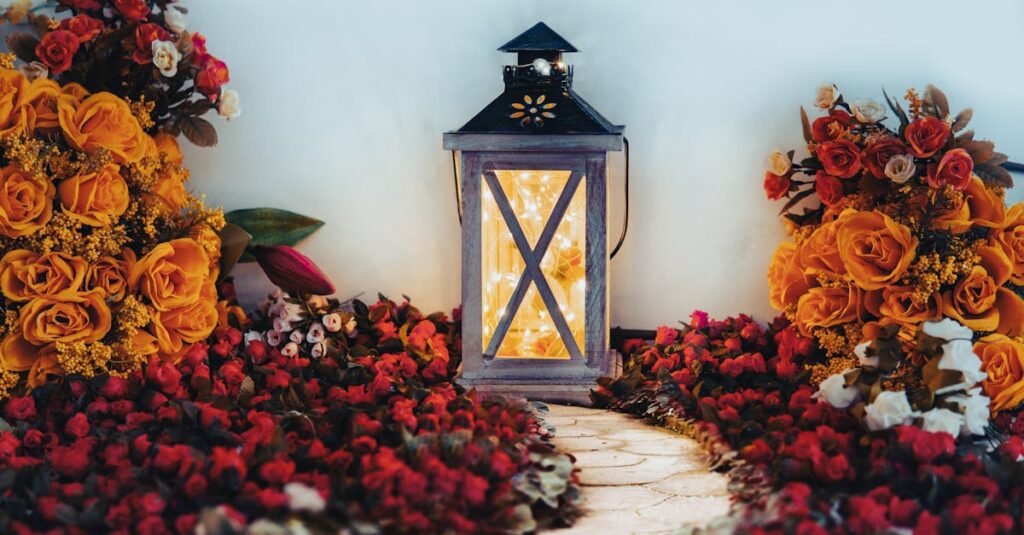 A charming lantern surrounded by bright orange and red floral arrangements, evoking a warm autumnal ambiance.